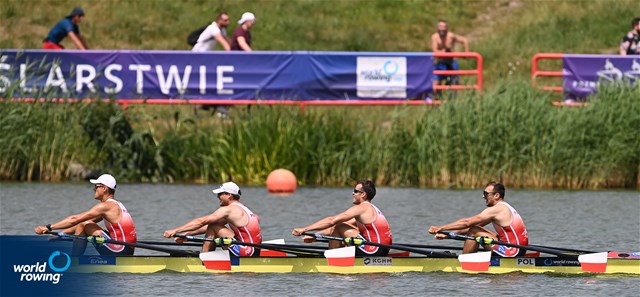 Dominik Czaja (b), Mateusz Biskup, Szymon Posnik, Piotr Plominski (s), Men's Quadruple Sculls, Poland, 2022 World Rowing Cup II, Poznan, Poland / Detlev Seyb/MyRowingPhoto.com