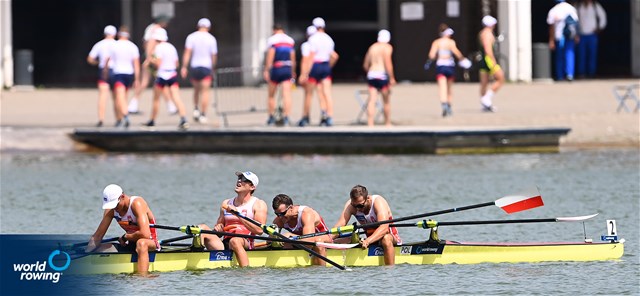 Dominik Czaja (b), Mateusz Biskup, Szymon Posnik, Piotr Plominski (s), Men's Quadruple Sculls, Poland, 2022 World Rowing Cup II, Poznan, Poland / Detlev Seyb/MyRowingPhoto.com
