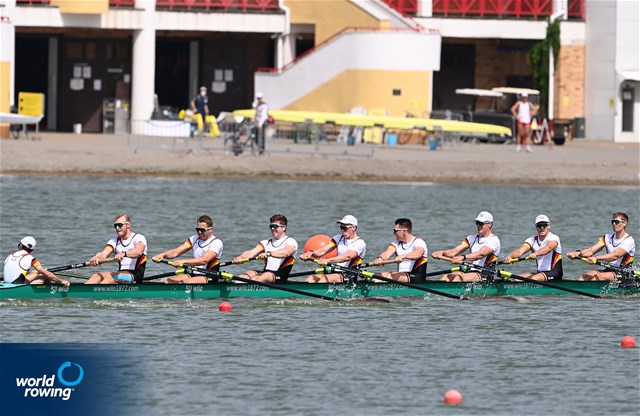 Olaf Roggensack (b), Jasper Angl, Julian Garth, Laurits Follert, Benedict Eggeling, Torben Johannesen, Wolf-Niclas Schroeder, Mattes Schoenherr (s), Jonas Wiesen (c), Men's Eight, Germany, 2022 World Rowing Cup II, Poznan, Poland / Detlev Seyb/MyRowingPhoto.com