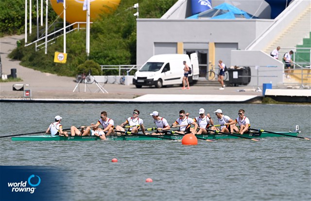 Olaf Roggensack (b), Jasper Angl, Julian Garth, Laurits Follert, Benedict Eggeling, Torben Johannesen, Wolf-Niclas Schroeder, Mattes Schoenherr (s), Jonas Wiesen (c), Men's Eight, Germany, 2022 World Rowing Cup II, Poznan, Poland / Detlev Seyb/MyRowingPhoto.com