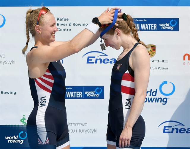 Madeleine Wanamaker (b), Claire Collins (s), Women's Pair, United States of America, Silver, 2022 World Rowing Cup II, Poznan, Poland / Detlev Seyb/MyRowingPhoto.com