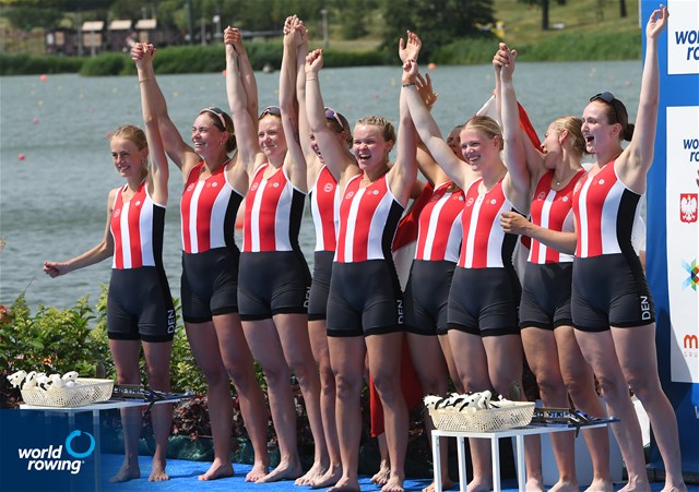 Nikoline Laidlaw (b), Sofie Vikkelsoe, Caroline Munch, Mathilde Elisabeth Kiilgaard, Christine Amalie Meinert Cardel, Marie Skytte Hauberg Johannesen, Frida Sanggaard Nielsen, Astrid Steensberg (s), Sophie Oestergaard (c), Women's Eight, Denmark, Silver, 2022 World Rowing Cup II, Poznan, Poland / Detlev Seyb/MyRowingPhoto.com