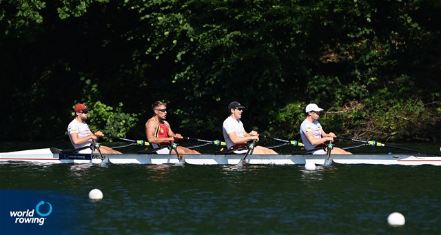 Ruben Claeys (b), Ward Lemmelijn, Gaston Mercier, Tim Brys (s), Men's Quadruple Sculls, Belgium, 2022 World Rowing Cup III, Lucerne, Switzerland / Detlev Seyb/MyRowingPhoto.com