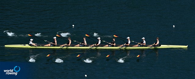 Olaf Roggensack (b), Jasper Angl, Julian Garth, Laurits Follert, Benedict Eggeling, Torben Johannesen, Wolf-Niclas Schroeder, Mattes Schoenherr (s), Jonas Wiesen (c), Men's Eight, Germany, 2022 World Rowing Cup III, Lucerne, Switzerland / Detlev Seyb/MyRowingPhoto.com