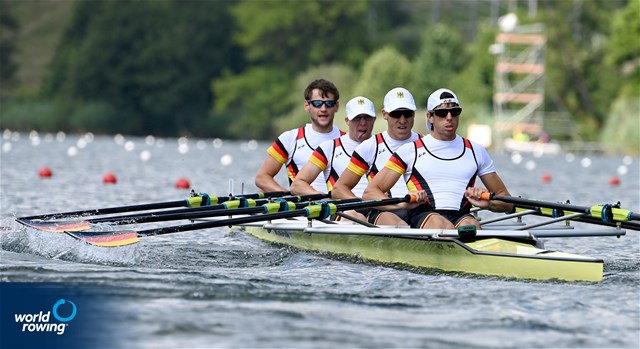 Simon Klueter (b), Johannes Ursprung, Fabio Kress, Joachim Agne (s), Lightweight Men's Quadruple Sculls, Germany, 2022 World Rowing Cup III, Lucerne, Switzerland / Detlev Seyb/MyRowingPhoto.com