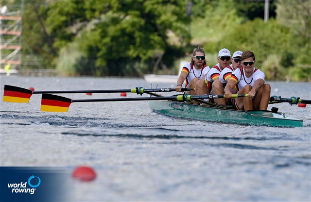 Theis Hagemeister (b), Malte Grossmann, Max John, Marc Kammann (s), Men's Four, Germany, 2022 World Rowing Cup III, Lucerne, Switzerland / Detlev Seyb/MyRowingPhoto.com