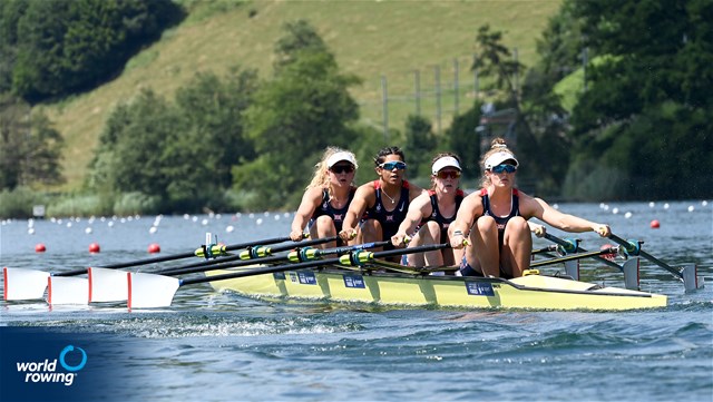 Jessica Marie Leyden (b), Kyra Edwards, Georgina Megan Brayshaw, Lucy Glover (s), Women's Quadruple Sculls, Great Britain, 2022 World Rowing Cup III, Lucerne, Switzerland / Detlev Seyb/MyRowingPhoto.com