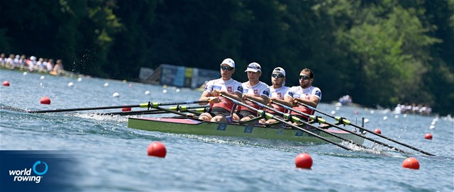 Dominik Czaja (b), Mateusz Biskup, Miroslaw Zietarski, Fabian Baranski (s), Men's Quadruple Sculls, Poland, 2022 World Rowing Cup III, Lucerne, Switzerland / Detlev Seyb/MyRowingPhoto.com