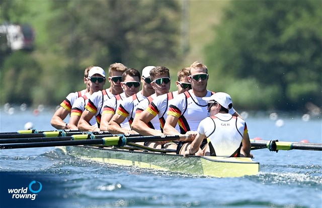 Olaf Roggensack (b), Jasper Angl, Julian Garth, Laurits Follert, Benedict Eggeling, Torben Johannesen, Wolf-Niclas Schroeder, Mattes Schoenherr (s), Jonas Wiesen (c), Men's Eight, Germany, 2022 World Rowing Cup III, Lucerne, Switzerland / Detlev Seyb/MyRowingPhoto.com