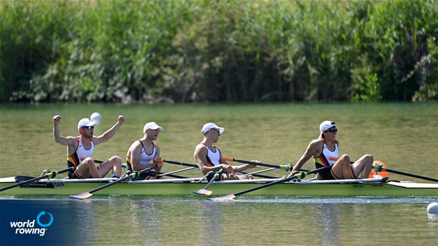 Simon Klueter (b), Johannes Ursprung, Fabio Kress, Joachim Agne (s), Lightweight Men's Quadruple Sculls, Germany, Gold, 2022 World Rowing Cup III, Lucerne, Switzerland / Detlev Seyb/MyRowingPhoto.com