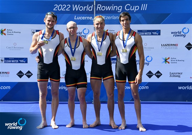 Simon Klueter (b), Johannes Ursprung, Fabio Kress, Joachim Agne (s), Lightweight Men's Quadruple Sculls, Germany, Gold, 2022 World Rowing Cup III, Lucerne, Switzerland / Detlev Seyb/MyRowingPhoto.com