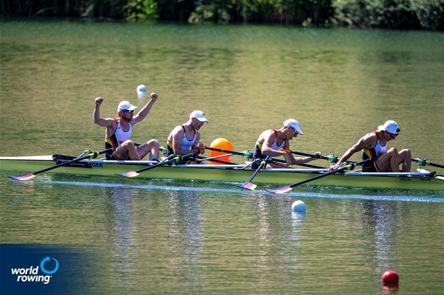 Simon Klueter (b), Johannes Ursprung, Fabio Kress, Joachim Agne (s), Lightweight Men's Quadruple Sculls, Germany, 2022 World Rowing Cup III, Lucerne, Switzerland / World Rowing/Benedict Tufnell