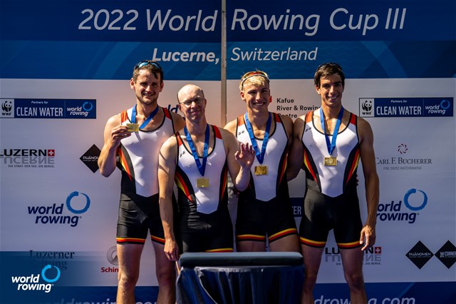 Simon Klueter (b), Johannes Ursprung, Fabio Kress, Joachim Agne (s), Lightweight Men's Quadruple Sculls, Germany, Gold, 2022 World Rowing Cup III, Lucerne, Switzerland / World Rowing/Benedict Tufnell