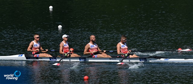 Lukasz Posylajka (b), Mateusz Wilangowski, Mikolaj Burda, Piotr Juszczak (s), Men's Four, Poland, 2022 World Rowing Cup III, Lucerne, Switzerland / Detlev Seyb/MyRowingPhoto.com