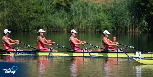Yunxia Chen (b), Shiyu Lu, Yang Lyu, Xiaotong Cui (s), Women's Quadruple Sculls, People's Republic of China, 2022 World Rowing Cup III, Lucerne, Switzerland / Detlev Seyb/MyRowingPhoto.com