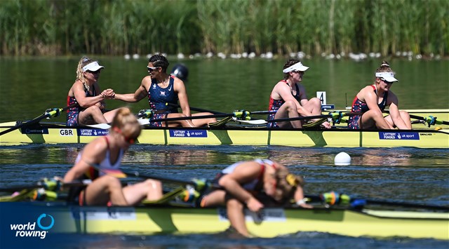 Jessica Marie Leyden (b), Kyra Edwards, Georgina Megan Brayshaw, Lucy Glover (s), Women's Quadruple Sculls, Great Britain, 2022 World Rowing Cup III, Lucerne, Switzerland / Detlev Seyb/MyRowingPhoto.com