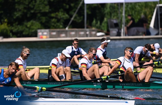 Theis Hagemeister (b), Malte Grossmann, Max John, Marc Kammann (s), Men's Four, Germany, 2022 World Rowing Cup III, Lucerne, Switzerland / Detlev Seyb/MyRowingPhoto.com