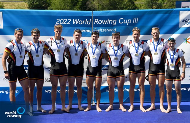 Olaf Roggensack (b), Jasper Angl, Julian Garth, Laurits Follert, Benedict Eggeling, Torben Johannesen, Wolf-Niclas Schroeder, Mattes Schoenherr (s), Jonas Wiesen (c), Men's Eight, Germany, Bronze, 2022 World Rowing Cup III, Lucerne, Switzerland / Detlev Seyb/MyRowingPhoto.com