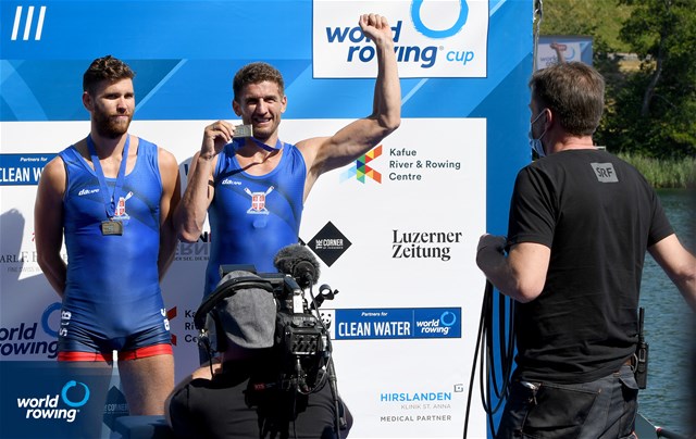 Martin Mackovic (b), Milos Vasic (s), Men's Pair, Serbia, Bronze, 2022 World Rowing Cup III, Lucerne, Switzerland / Detlev Seyb/MyRowingPhoto.com
