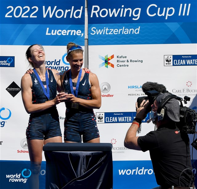 Emily Craig (b), Maddie Arlett (s), Lightweight Women's Double Sculls, Great Britain, Gold, 2022 World Rowing Cup III, Lucerne, Switzerland / Detlev Seyb/MyRowingPhoto.com