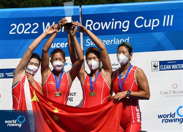 Yunxia Chen (b), Shiyu Lu, Yang Lyu, Xiaotong Cui (s), Women's Quadruple Sculls, People's Republic of China, Gold, 2022 World Rowing Cup III, Lucerne, Switzerland / Detlev Seyb/MyRowingPhoto.com
