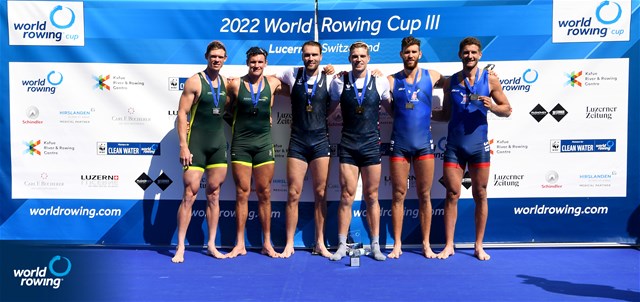 Oliver Wynne-Griffith (b), Tom George (s), Men's Pair, Great Britain, Gold, Harley Moore (b), Alexander Hill (s), Australia, Silver, Martin Mackovic (b), Milos Vasic (s), Serbia, Bronze, 2022 World Rowing Cup III, Lucerne, Switzerland / Detlev Seyb/MyRowingPhoto.com