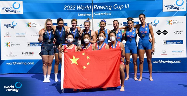 Yunxia Chen (b), Shiyu Lu, Yang Lyu, Xiaotong Cui (s), Women's Quadruple Sculls, People's Republic of China, Gold, Jessica Marie Leyden (b), Kyra Edwards, Georgina Megan Brayshaw, Lucy Glover (s), Great Britain, Silver, Clara Guerra (b), Alessandra Montesano, Valentina Iseppi, Chiara Ondoli (s), Italy, Bronze, 2022 World Rowing Cup III, Lucerne, Switzerland / Detlev Seyb/MyRowingPhoto.com