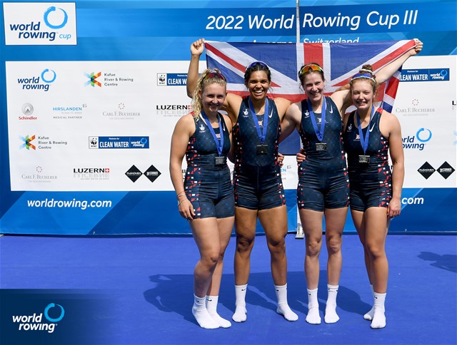 Jessica Marie Leyden (b), Kyra Edwards, Georgina Megan Brayshaw, Lucy Glover (s), Women's Quadruple Sculls, Great Britain, Silver, 2022 World Rowing Cup III, Lucerne, Switzerland / Detlev Seyb/MyRowingPhoto.com