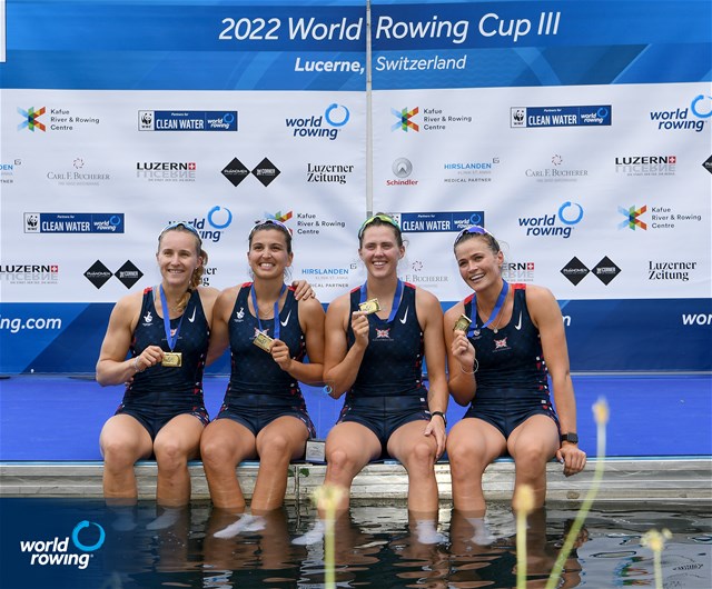 Heidi Long (b), Rowan Mckellar, Samantha Redgrave, Rebecca Shorten (s), Women's Four, Great Britain, Gold, 2022 World Rowing Cup III, Lucerne, Switzerland / Detlev Seyb/MyRowingPhoto.com