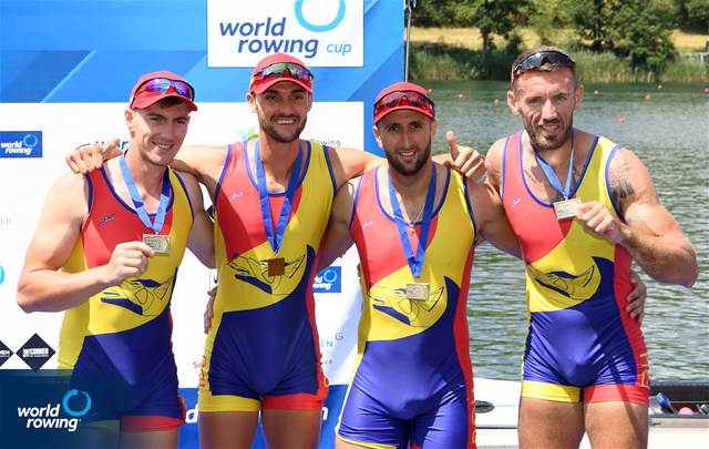 Mihai Chiruta (b), Ciprian Tudosa, Ioan Prundeanu, Marian Enache (s), Men's Quadruple Sculls, Romania, Bronze, 2022 World Rowing Cup III, Lucerne, Switzerland / Detlev Seyb/MyRowingPhoto.com