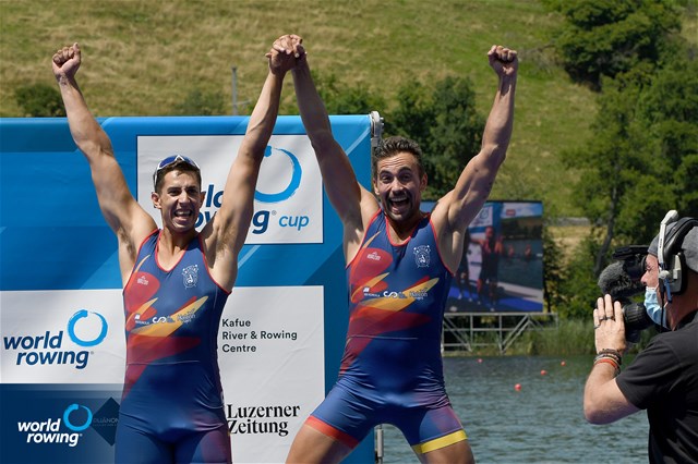 Aleix Garci Garcia Pujolar (b), Rodrigo Conde Romero (s), Men's Double Sculls, Spain, Bronze, 2022 World Rowing Cup III, Lucerne, Switzerland / Detlev Seyb/MyRowingPhoto.com