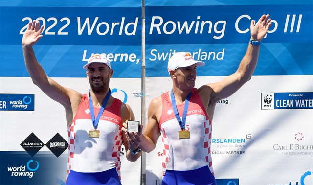 Martin Sinkovic (b), Valent Sinkovic (s), Men's Double Sculls, Croatia, Gold, 2022 World Rowing Cup III, Lucerne, Switzerland / Detlev Seyb/MyRowingPhoto.com
