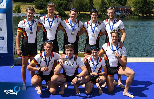 Olaf Roggensack (b), Jasper Angl, Julian Garth, Laurits Follert, Benedict Eggeling, Torben Johannesen, Wolf-Niclas Schroeder, Mattes Schoenherr (s), Jonas Wiesen (c), Men's Eight, Germany, Bronze, 2022 World Rowing Cup III, Lucerne, Switzerland / Detlev Seyb/MyRowingPhoto.com