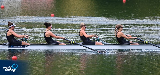 Catherine Layburn (b), Davina Waddy, Beth Ross, Phoebe Spoors (s), Women's Four, New Zealand, 2022 World Rowing Cup III, Lucerne, Switzerland / Detlev Seyb/MyRowingPhoto.com