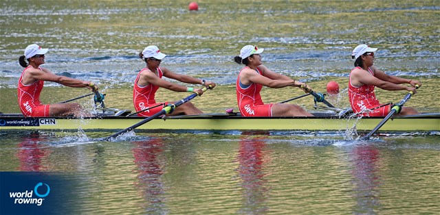 Shuxian Zhang (b), Xiaoxin Liu, Peixin Zhang, Xingye Xu (s), Women's Four, People's Republic of China, 2022 World Rowing Cup III, Lucerne, Switzerland / Detlev Seyb/MyRowingPhoto.com