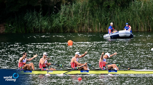Dominik Czaja (b), Mateusz Biskup, Miroslaw Zietarski, Fabian Baranski (s), Men's Quadruple Sculls, Poland, 2022 World Rowing Cup III, Lucerne, Switzerland / Detlev Seyb/MyRowingPhoto.com