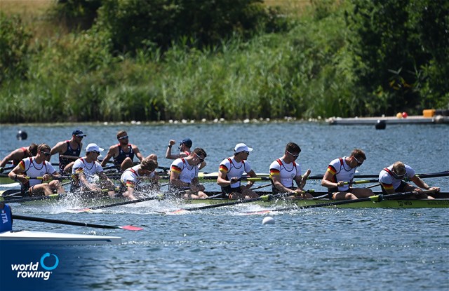 Olaf Roggensack (b), Jasper Angl, Julian Garth, Laurits Follert, Benedict Eggeling, Torben Johannesen, Wolf-Niclas Schroeder, Mattes Schoenherr (s), Jonas Wiesen (c), Men's Eight, Germany, 2022 World Rowing Cup III, Lucerne, Switzerland / Detlev Seyb/MyRowingPhoto.com