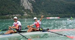Daniel Wiederkehr (b), Michael Schmid (s), Switzerland, Lightweight Men's Double Sculls, B-Final, 2015 World Rowing Championships, Aiguebelette, France