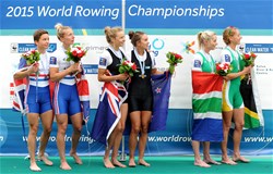 Sophie Mackenzie (b), Julia Edward (s), New Zealand, Gold, Charlotte Taylor (b), Katherine Copeland (s), Great Britain, Silver, Kirsten Mccann (b), Ursula Grobler (s), South Africa, Bronze, Lightweight Women's Double Sculls, 2015 World Rowing Championships, Aiguebelette, France