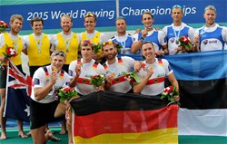 Karl Schulze (b), Philipp Wende, Lauritz Schoof, Hans Gruhne (s), Germany, Gold, David Crawshay (b), Karsten Forsterling, Cameron Girdlestone, David Watts (s), Australia, Silver, Andrei Jamsa (b), Allar Raja, Tonu Endrekson, Kaspar Taimsoo (s), Estonia, Bronze, Men's quadruple  Sculls, 2015 World Rowing Championships, Aiguebelette, France