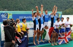 Marco Di Costanzo (b), Matteo Castaldo, Matteo Lodo, Giuseppe Vicino (s), Italy, Gold, William Lockwood (b), Joshua Dunkley-Smith, Spencer Turrin, Alexander Hill (s), Australia, Silver, Mason Durant (b), Alan Sinclair, Tom Ransley, Stewart Innes (s), Great Britain, Bronze, Men's Four, 2015 World Rowing Championships, Aiguebelette, France
