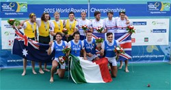 Marco Di Costanzo (b), Matteo Castaldo, Matteo Lodo, Giuseppe Vicino (s), Italy, Gold, William Lockwood (b), Joshua Dunkley-Smith, Spencer Turrin, Alexander Hill (s), Australia, Silver, Mason Durant (b), Alan Sinclair, Tom Ransley, Stewart Innes (s), Great Britain, Bronze, Men's Four, 2015 World Rowing Championships, Aiguebelette, France