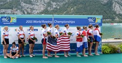 Megan Kalmoe (b), Tracy Eisser, Olivia Coffey, Amanda Elmore (s), United States of America, Gold, Annekatrin Thiele (b), Carina Baer, Marie-Catherine Arnold, Lisa Schmidla (s), Germany, Silver, Nicole Beukers (b), Chantal Achterberg, Inge Janssen, Carline Bouw (s), The Netherlands, Bronze, Women's quadruple  Sculls, 2015 World Rowing Championships, Aiguebelette, France