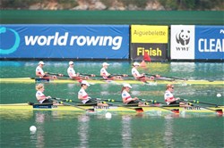 Megan Kalmoe (b), Tracy Eisser, Olivia Coffey, Amanda Elmore (s), United States of America, Gold, Annekatrin Thiele (b), Carina Baer, Marie-Catherine Arnold, Lisa Schmidla (s), Germany, Silver, Women's quadruple  Sculls, 2015 World Rowing Championships, Aiguebelette, France