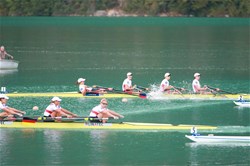 Megan Kalmoe (b), Tracy Eisser, Olivia Coffey, Amanda Elmore (s), United States of America, Gold, Annekatrin Thiele (b), Carina Baer, Marie-Catherine Arnold, Lisa Schmidla (s), Germany, Silver, Women's quadruple  Sculls, 2015 World Rowing Championships, Aiguebelette, France
