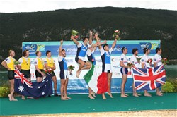 Marco Di Costanzo (b), Matteo Castaldo, Matteo Lodo, Giuseppe Vicino (s), Italy, Gold, William Lockwood (b), Joshua Dunkley-Smith, Spencer Turrin, Alexander Hill (s), Australia, Silver, Mason Durant (b), Alan Sinclair, Tom Ransley, Stewart Innes (s), Great Britain, Bronze, Men's Four, 2015 World Rowing Championships, Aiguebelette, France