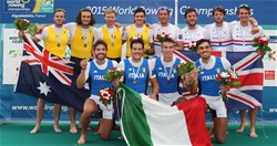 Marco Di Costanzo (b), Matteo Castaldo, Matteo Lodo, Giuseppe Vicino (s), Italy, Gold, William Lockwood (b), Joshua Dunkley-Smith, Spencer Turrin, Alexander Hill (s), Australia, Silver, Mason Durant (b), Alan Sinclair, Tom Ransley, Stewart Innes (s), Great Britain, Bronze, Men's Four, 2015 World Rowing Championships, Aiguebelette, France