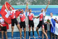 Lucas Tramer (b), Simon Schuerch, Simon Niepmann, Mario Gyr (s), Switzerland, Gold, Lightweight Men's Four, 2015 World Rowing Championships, Aiguebelette, France