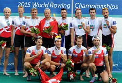 Lucas Tramer (b), Simon Schuerch, Simon Niepmann, Mario Gyr (s), Switzerland, Gold, Kasper Winther (b), Jens Vilhelmsen, Jacob Barsoe, Jacob Larsen (s), Denmark, Silver, Thibault Colard (b), Guillaume Raineau, Thomas Baroukh, Franck Solforosi (s), France, Bronze, Lightweight Men's Four, 2015 World Rowing Championships, Aiguebelette, France