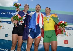 Ondrej Synek, Czech Republic, Gold, Mahe Drysdale, New Zealand, Silver, Mindaugas Griskonis, Lithuania, Bronze, Men's Single Sculls, 2015 World Rowing Championships, Aiguebelette, France